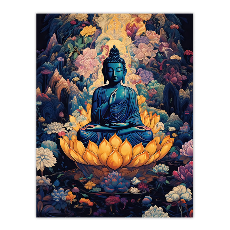 Wall Art Print Buddha in Lotus Flower Nirvana Concept Art Blue Floral Psychedelic Painting Poster