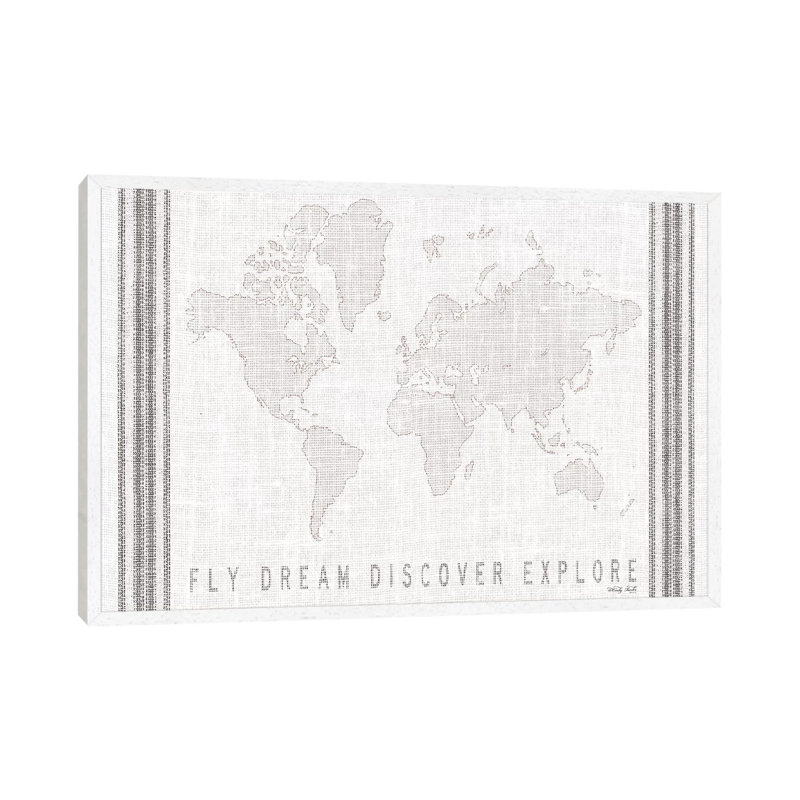 Fly, Dream, Discover, Explore Map 1 Piece Wall Art on Canvas, 101.6cm H x 152.4cm W x 3.81cm D, White Framed Canvas