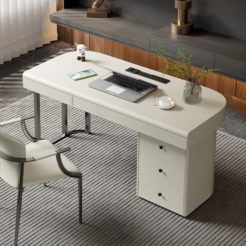  Bureau en cuir beige avec pieds en acier inoxydable, H 29,53 po x l 78,74 po x P 27,56 po, Beige/Argenté