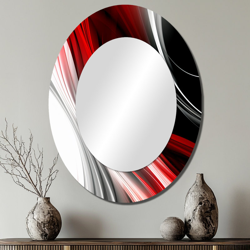Rouge noir infini ondulations I - rouge moderne miroir mural ovale, 40 po x 30 po