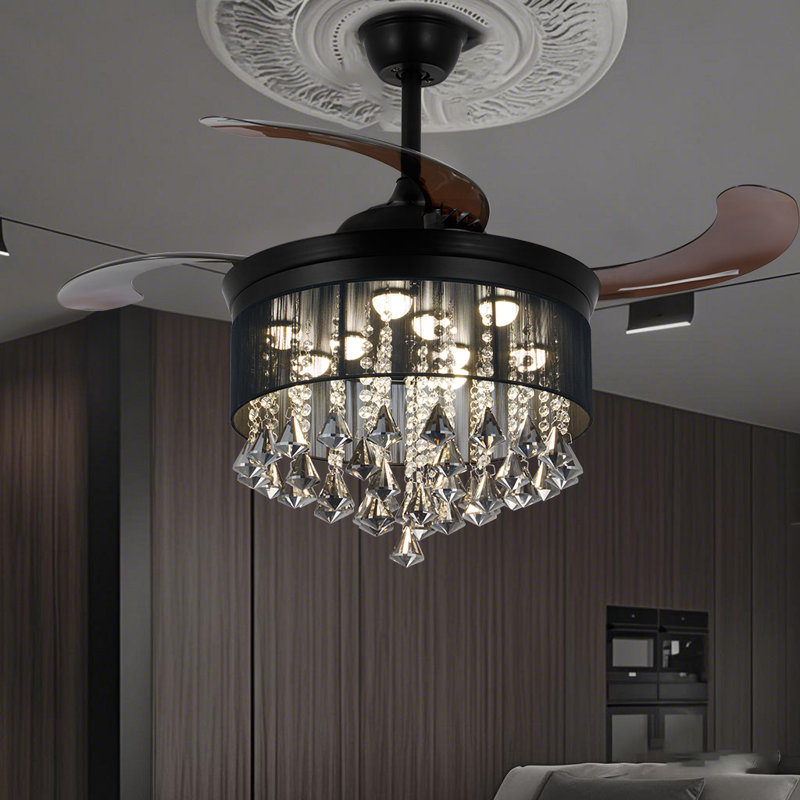 Ventilateur invisible de 42 pouces à six vitesses avec variateur de lumière en cristal noir