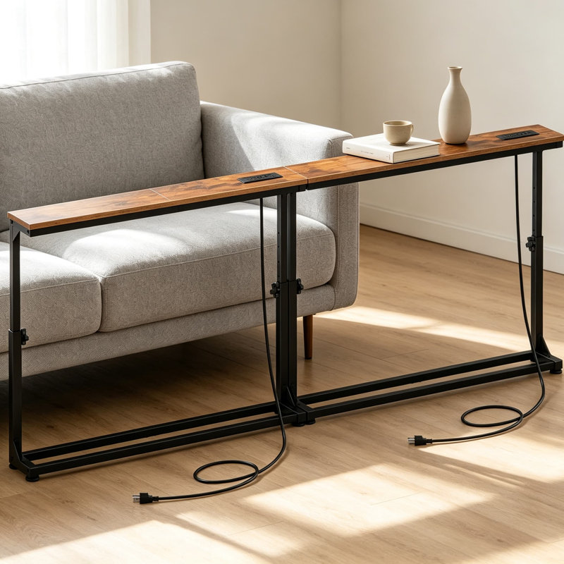 Console étroite avec ensemble de 2 tablettes avec station de charge, table de canapé à hauteur réglable pour petits espaces, table d'entrée avec canapé et prises de courant, brun rustique