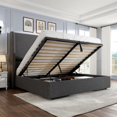Upholstered Lift-Up Storage Bed with Wingback Headboard