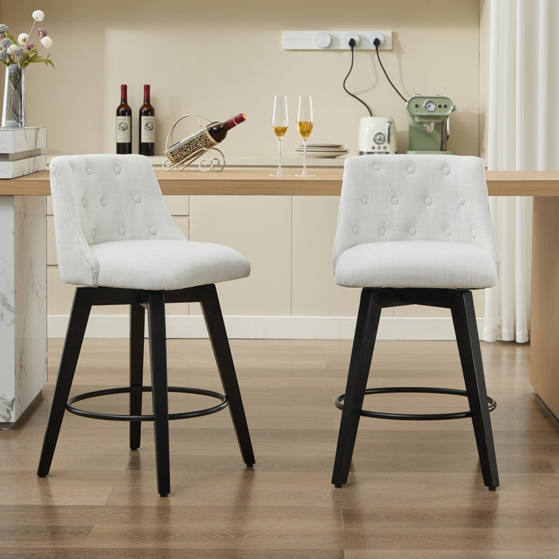 007-25" Swivel Bar Stools Set Of 2-Modern Counter Height Stools With Linen Upholstery&Button Tufted Back, Solid Wood Frame Barstools