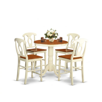 Table de cuisine ronde en bois dur asiatique couleur cerisier babeurre, composée de 5 pièces, hauteur comptoir, avec 4 tabourets de bar et siège en bois.