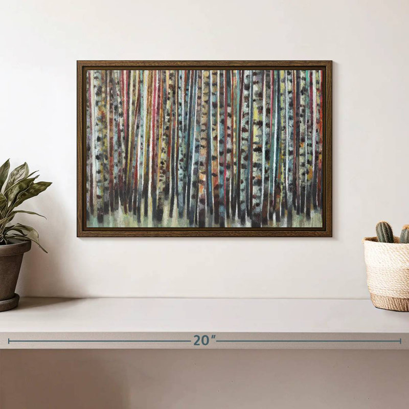 Forêt de bouleaux peinte, 13 po x 9 po, Cadre flottant noyer