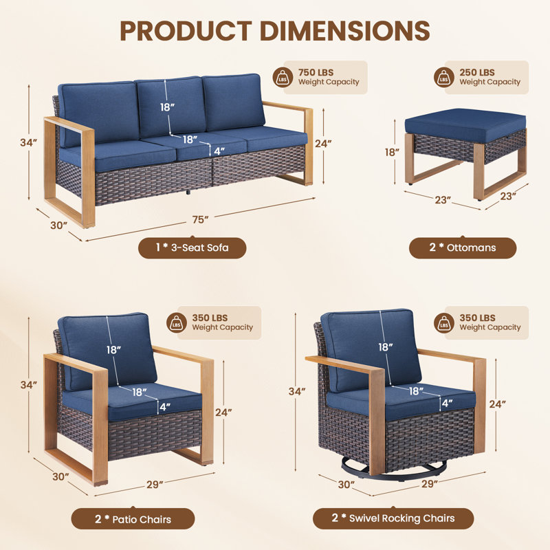 Allcot Outdoor 7-Person Sofa Seating Group With Swivel Glide Chair With Cushions, Bleu, Brun