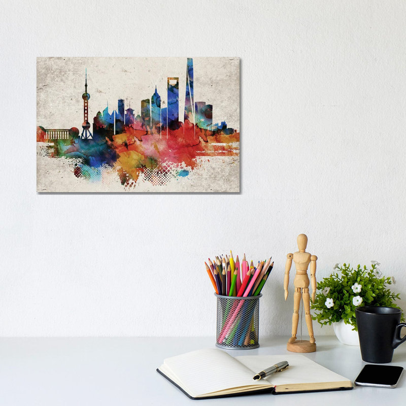 Shanghai Abstract Skyline by WallDecorAddict - Wrapped Canvas Print, 20.32cm H x 30.48cm W x 1.91cm D