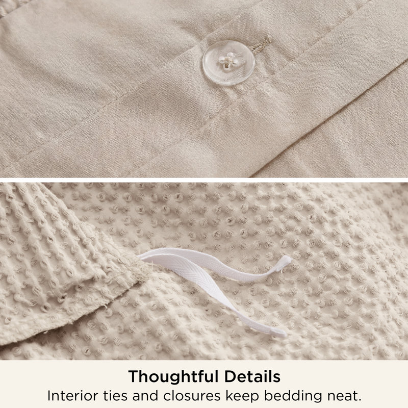 Essential Collection 100% Cotton Waffle Weave Duvet Cover Set, Beige, Oversized King Duvet Cover + 2 King Shams
