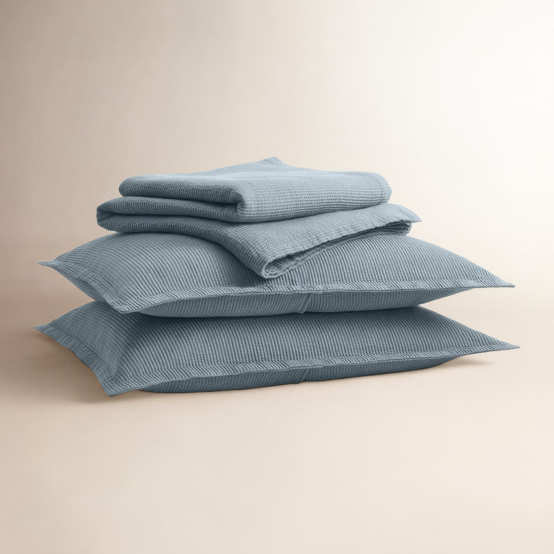 Ripple Modern & Contemporary Cotton Striped Coverlet, Queen Bedspread + 2 Queen Shams, Gray Blue/Putty