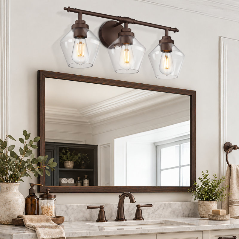 3 - Light Vanity Light Clear Glass Diamond Shade, Oil Rubbed Bronze, 9.84" H x 21.26" W x 7.28" D, Oil Rubbed Bronze