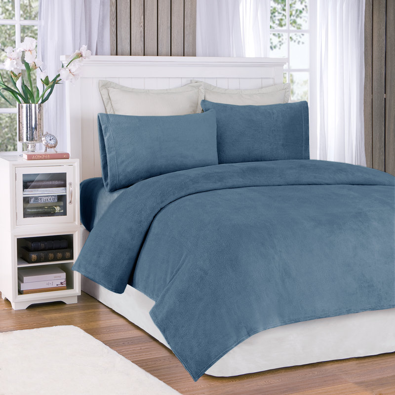 Ensemble de draps 3 pièces Soloft Plush, Ensemble de draps pour lit simple avec 1 taie d'or, Bleu
