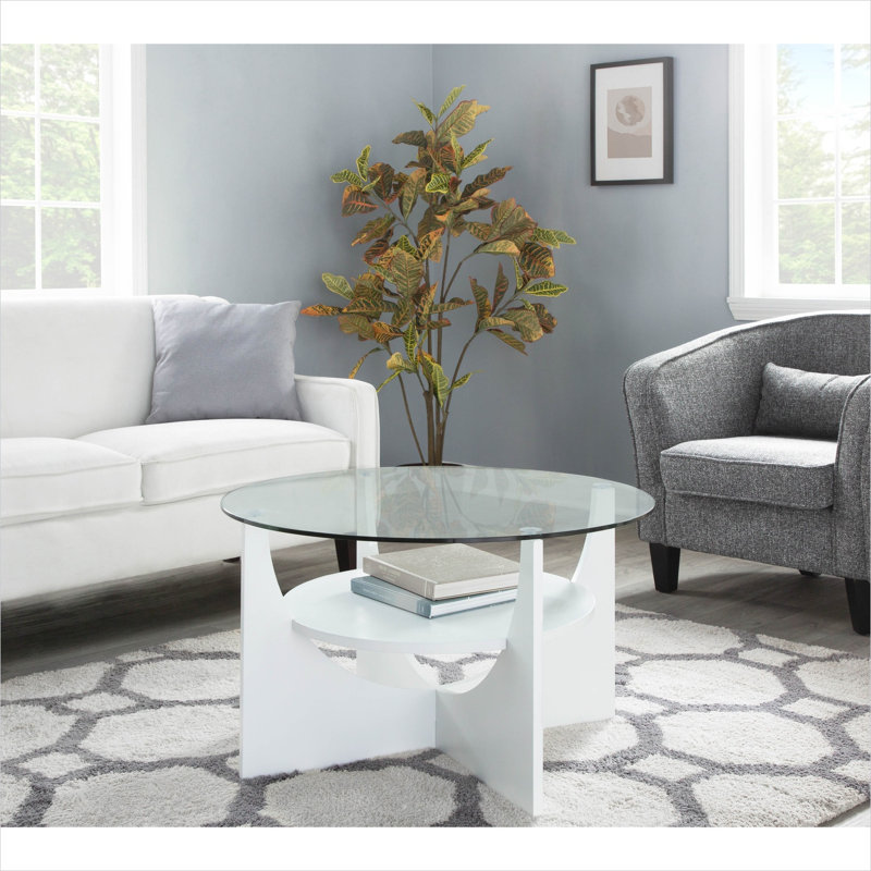 Table basse avec plateau rond en verre trempé et tablette inférieure, base en bois massif blanc doux, décoration circulaire de salon de 31,5 pouces