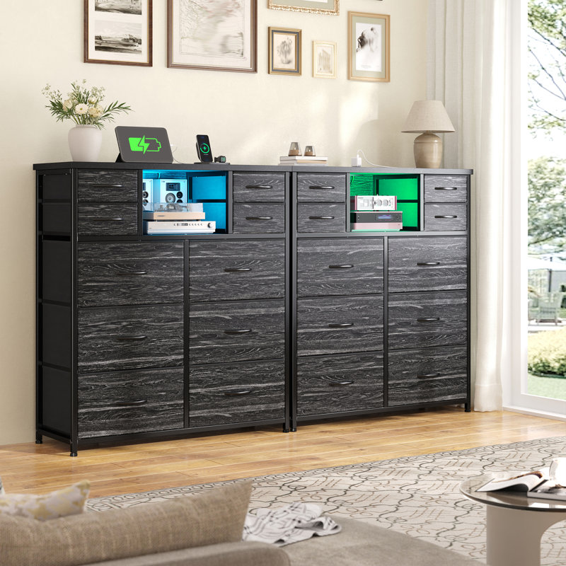 Tall Storage Dresser With Charging Hub & Lighting - 10 Fabric Drawers - Suitable For Bedrooms, Dining Rooms And Living Rooms