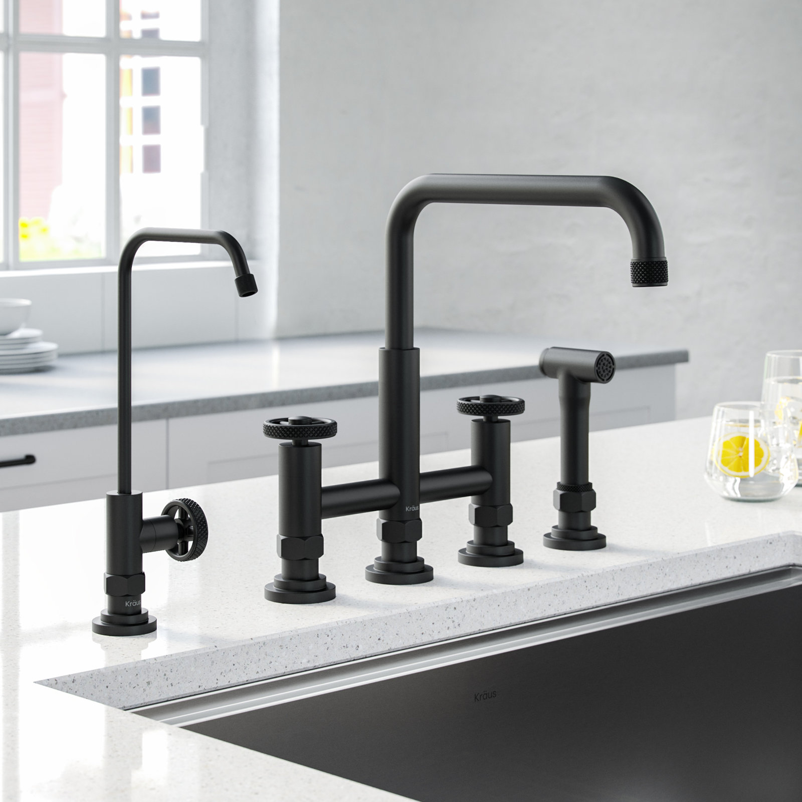 KRAUS Urbix Industrial Bridge Kitchen Faucet and Water Filter Faucet Combo, Matte Black