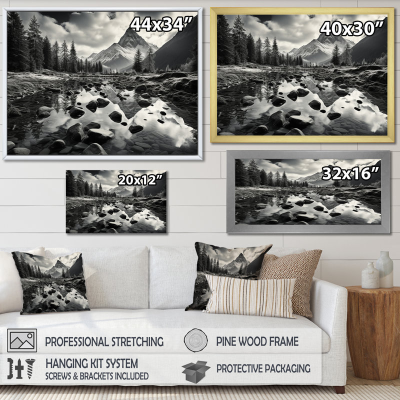 «Canadablack And White Mountain Reflections II», reproduction sur toile, Cadre doré à une seule photo