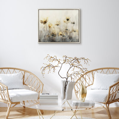 16x20 Floral Canvas Wall Art Featuring Soft Yellow and Beige Flowers with Grey and Cream Tones - Modern Wall Art