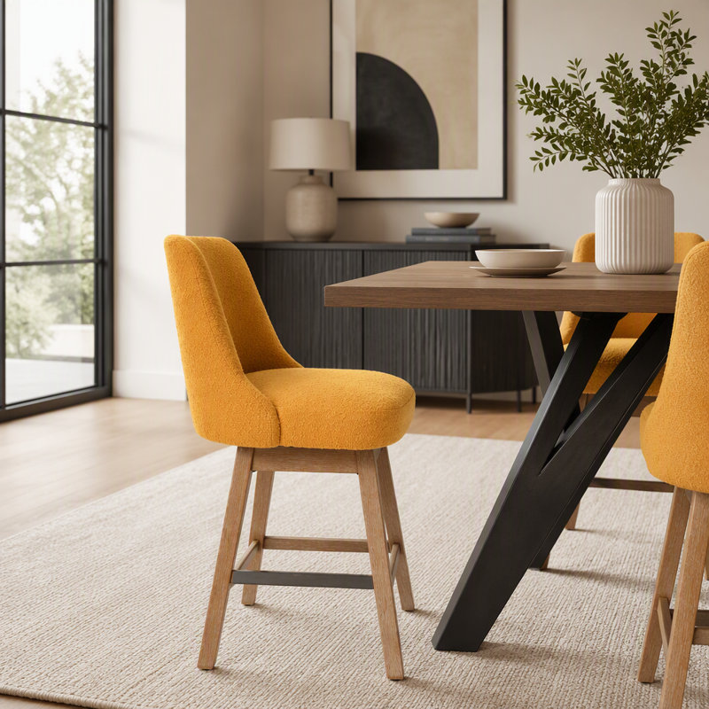 Ensemble de 2 tabourets de bar pivotants à 360 ° à hauteur de comptoir de 26 po avec dossier, tabourets rembourrés de style moderne Mid-Century avec pieds en bois massif pour îlot de cuisine, jaune