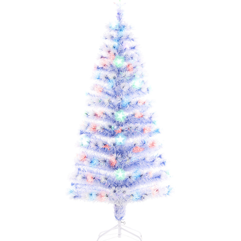 Arbre artificiel de 5 pi avec branches réalistes, lumières DEL multicolores - fibre optique, 180 pointes, blanc / bleu, assemblage rapide, lumières hautes, manuel des pointes