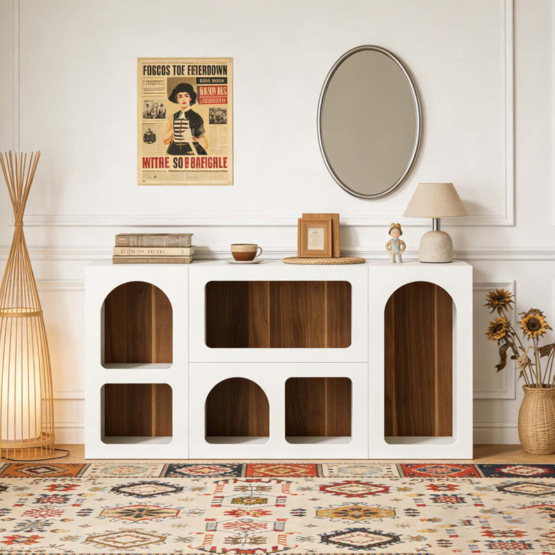Console en bois, canapé moderne