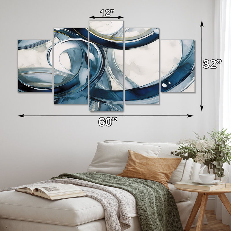 «Blue Circle Whirls - Spiral Abstract», art mural 5 pièces, H 32 po x l 60 po