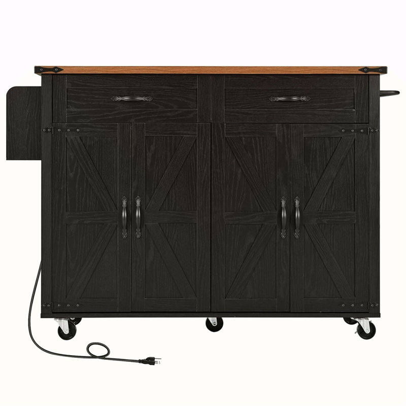 53.5''Farmhouse Kitchen Island With Power Outlet, Kitchen Storage Island With Drop Leaf, Spice Rack And Drawer, Rolling Kitchen Cart On Wheels, For Home, Kitchen And Dining Room