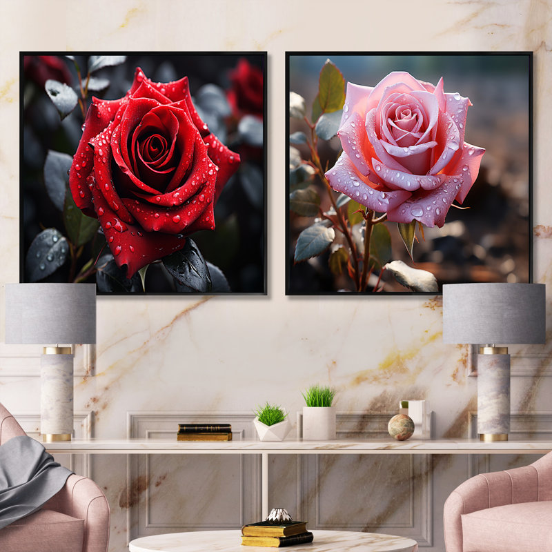 Pêches roses, corail, sérénade et noir - ensemble de 2 collages floraux carrés, Cadre flottant noir, H 16 po x l 33 po
