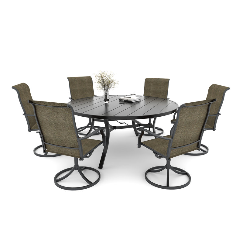 6 - Person 54" Round Patio Dining Sets With Swivel Chairs, Tan Brown