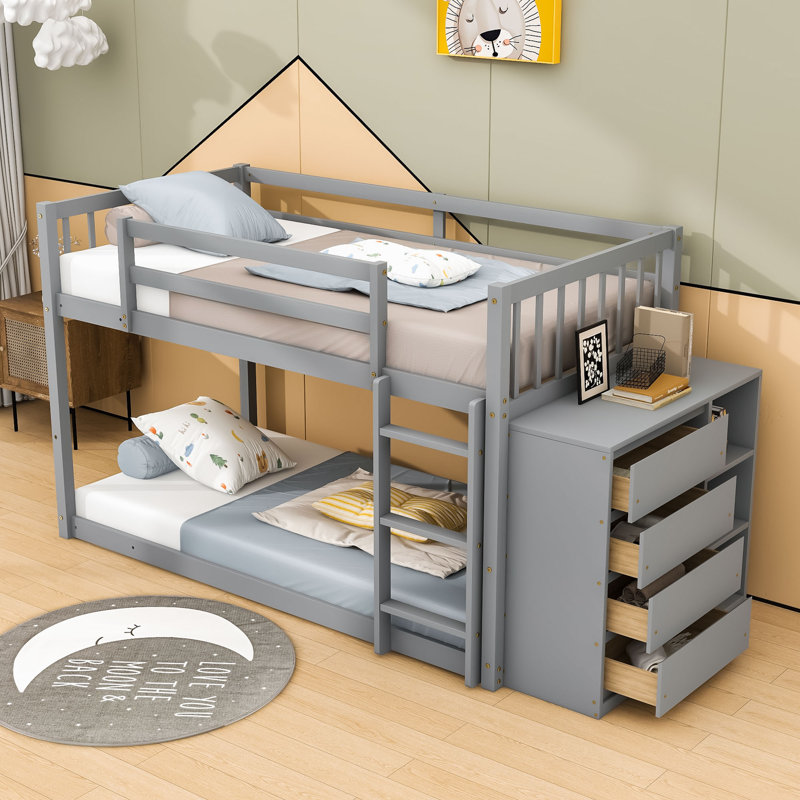 Daeveon Twin Over Twin Bunk Bed with Built-In Ladder, Gray