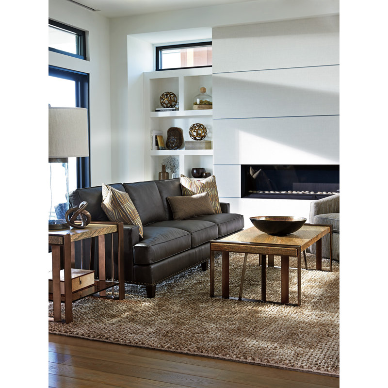 Transitional Amber-Tinted Glass and Brazilian Gold Granite Shelf End Table