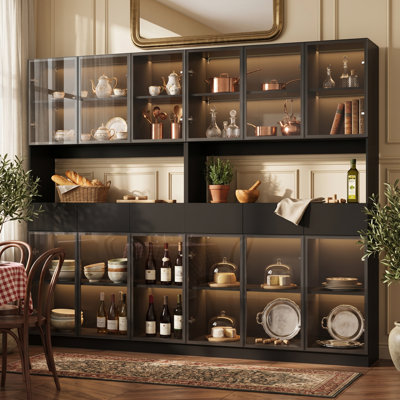 94.4" Wide Large Glass Door Display Stand With LED Lighting & Drawers