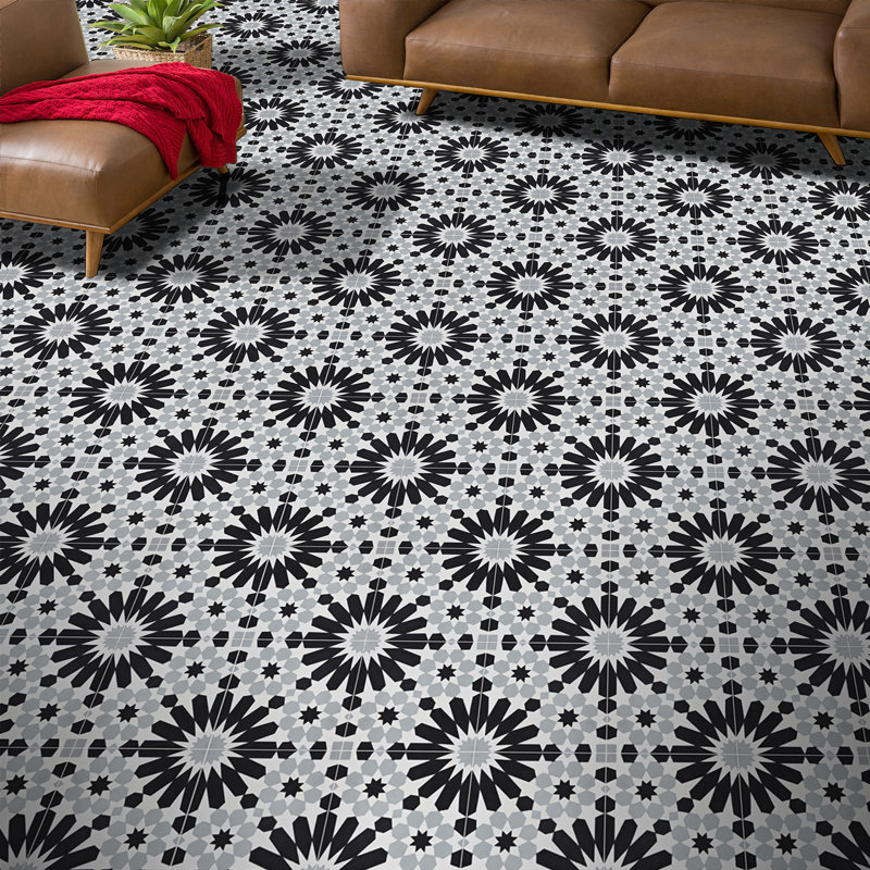 Agdal 8" x 8" Cement Patterned Wall & Floor Tile, Black/Gray