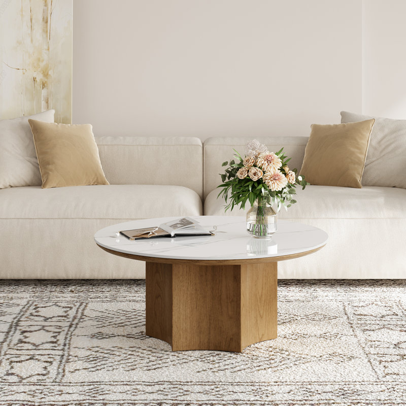 36'' Modern Coffee Table with Polygonal Wooden Base, Faux Marble Round White Coffee Table for Living Room, Office