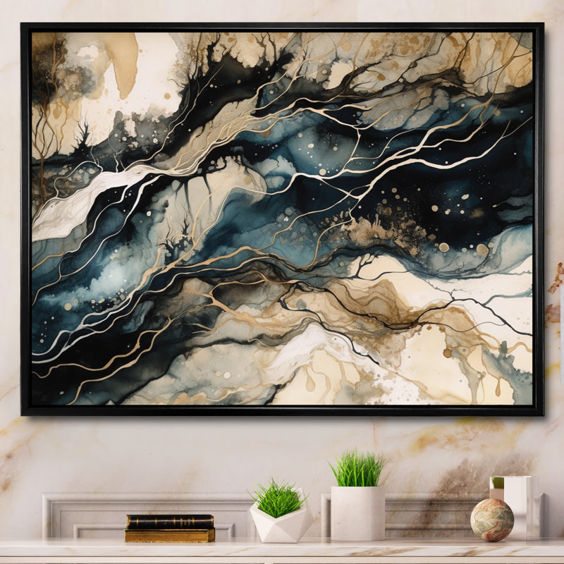 «Blue Beige Marbré Dreamscape III», reproduction sur toile, H 24 po x l 32 po x P 1 po, Cadre flottant noir