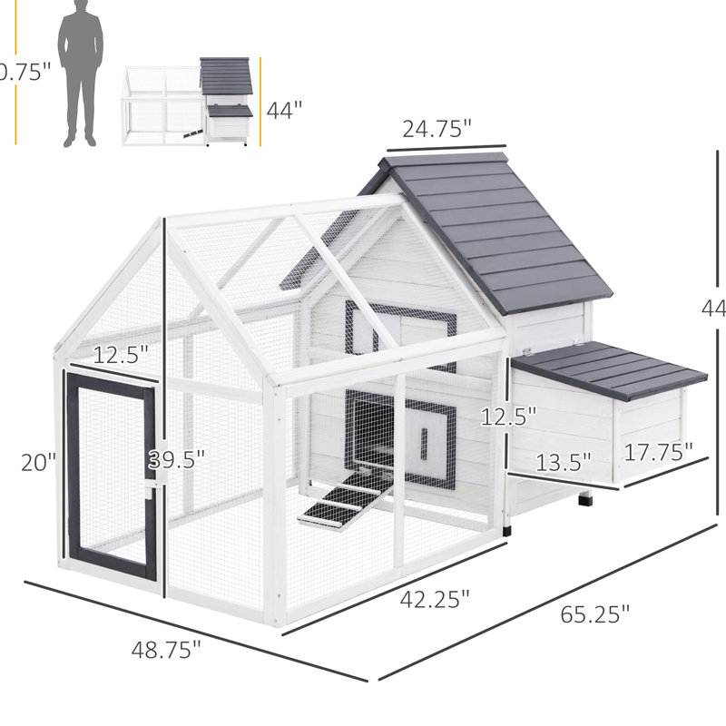 Poulailler d'extérieur 65 po avec enclos détachable, nichoir en bois pour cage de volaille, perchoirs et capteur piézo-électrique pour cour de jardin, surface de glissement