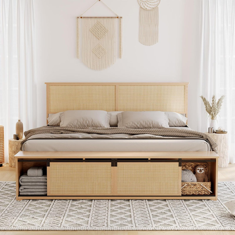 Full Rattan Storage Bed – MDF+Metal, Hidden Cabinet