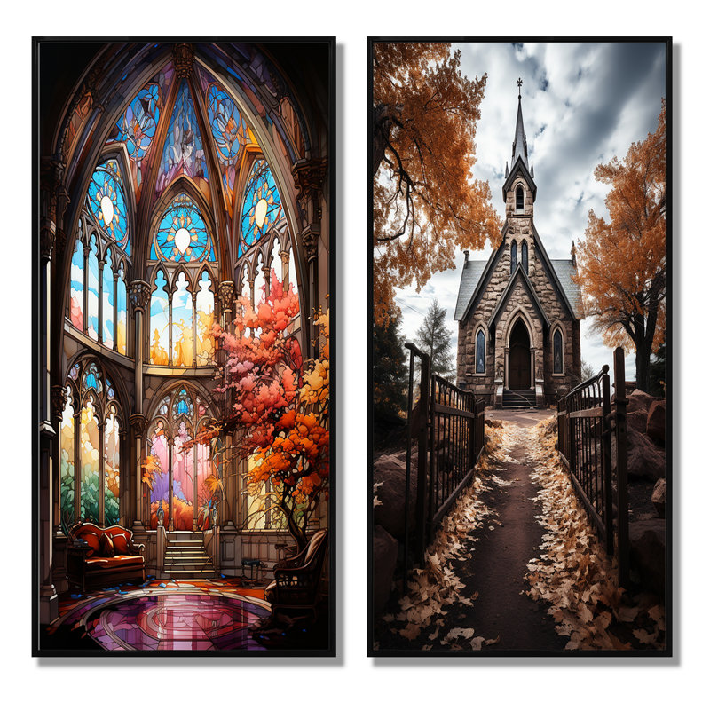 «Vitrail d'église», 2 pièces sur toile, Cadre noir, H 20 po x l 24 po