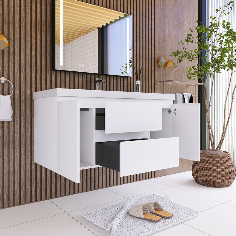 Meuble-lavabo simple 48 po avec plateau en résine Orinate, Blanc