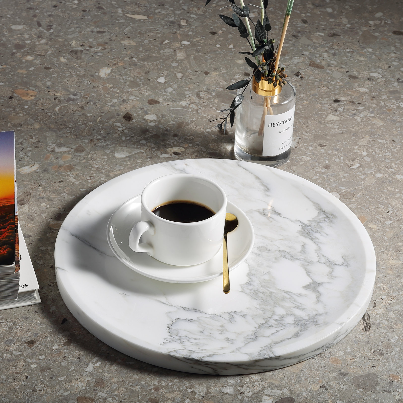 Guein 12” Round Natural Marble Tray, Statuario