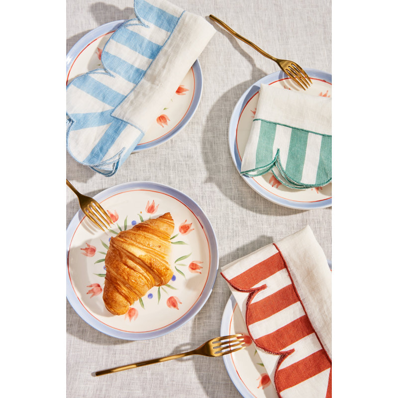 Jardin Embroidered Linen Scalloped Stripe Napkins, Amber/White