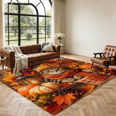 Tapis à motif d'automne avec chat mignon, décoration chaleureuse pour salon, chambre, cuisine, intérieur et extérieur, thème d'automne