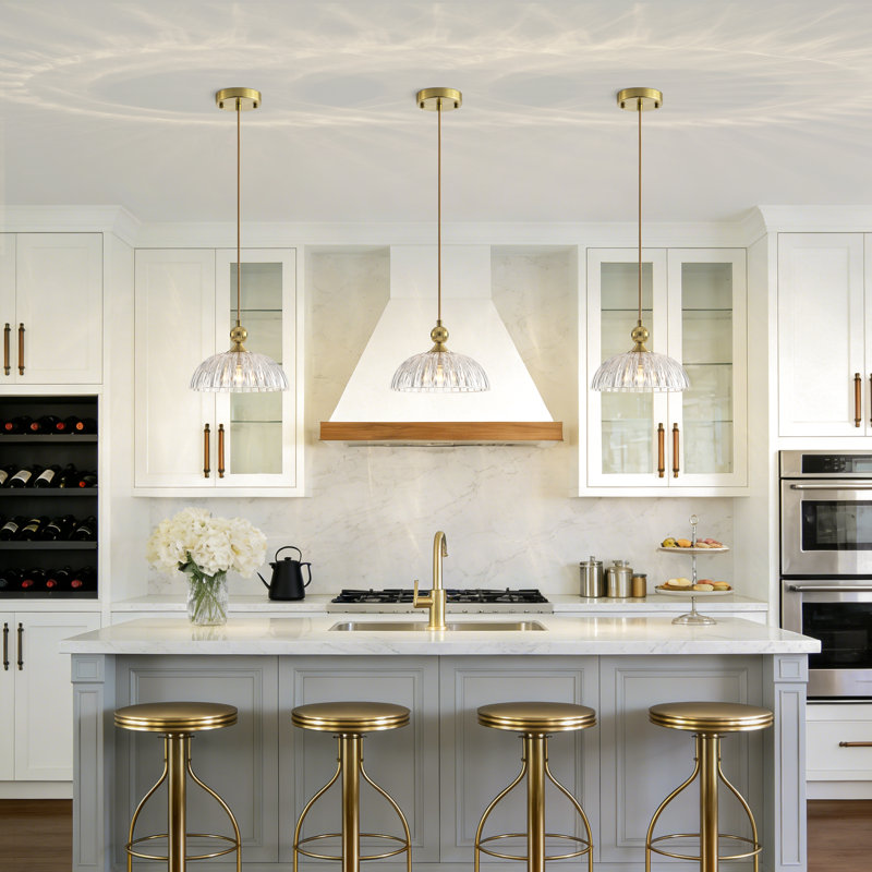 1-light Ribbed Clear Textured Glass Dome Pendant Light, Gold