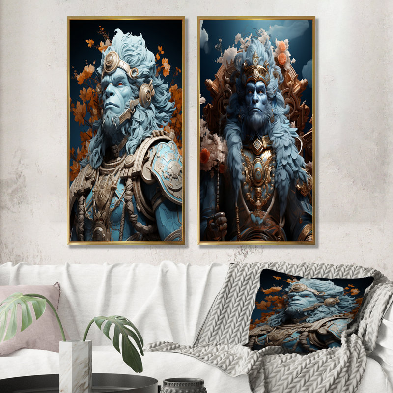 «Hindu Heroic Indian God - Hindouisme», ensemble de 2 reproductions d'art mural, Encadrement doré, H 32 po x l 33 po