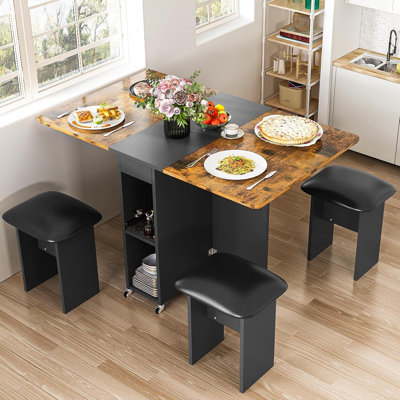 Ensemble de table de salle à manger pliable pour 4 personnes, table de salle à manger à abattants avec 4 chaises rembourrées et 2 tablettes, table de cuisine pliable peu encombrante avec 6 roulettes pour les petits espaces,