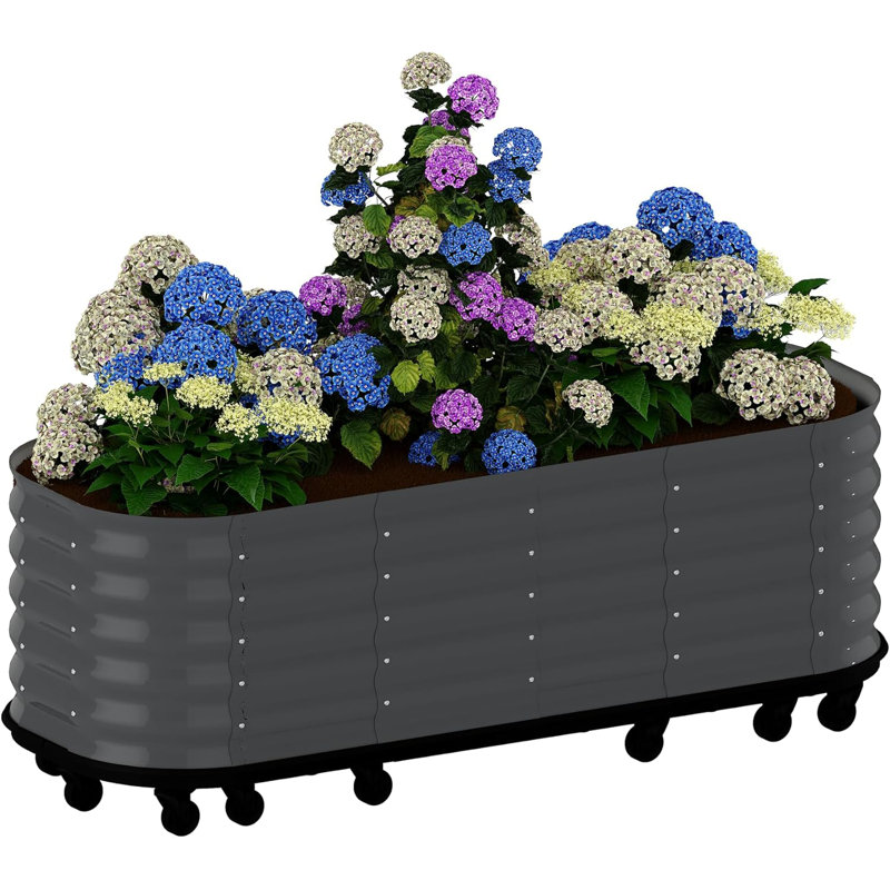 Large Rolling Garden Planter  Rustproof Galvanized Steel Bed with Reservoir and Lockable Wheels (Gray), Gray