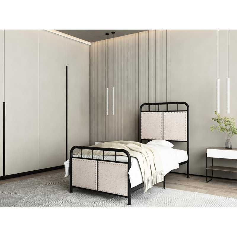 Linen Upholstered Twin Metal Bed Frame With Headboard And - Modern Bedroom Decor, Build, Quiet Sleep, Easy To Assemble, No Box Spring Requirement, Beige, 250 Lbs Max Weight Fabric & , Comfy,
