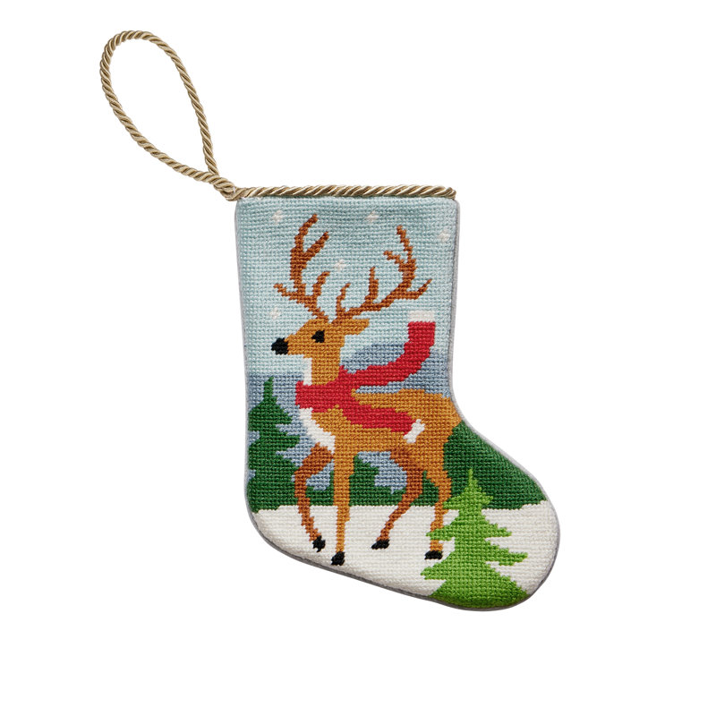 Reindeer Embroidered Needlepoint Mini Holiday Stocking
