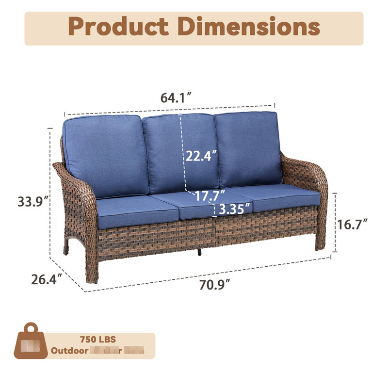 70,9 po Pe 3 coussins bleus d'extérieur rouille - Structure et support dorsal confortable Confort ergonomique toutes saisons