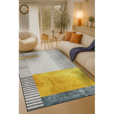 Tapis jaune tissé à motif géométrique lavable Mosso