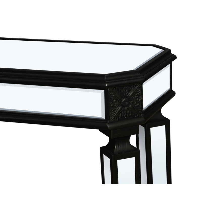 Console noire et argentée avec sculpture de style rétro, rangement ouvert pour le salon - l 48 po x H 32,7 po x P 14 po, bois massif + effet miroir en grain de verre, argent triangulaire
